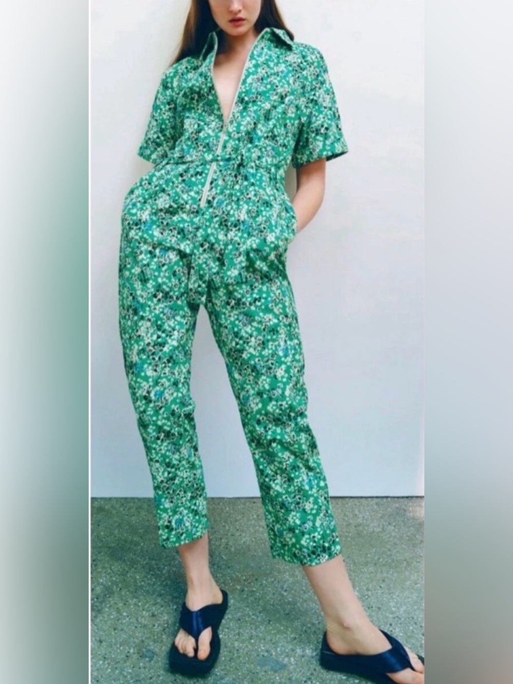 ZARA Printed Floral Belted Jumpsuit with Zip Front Fastening Small